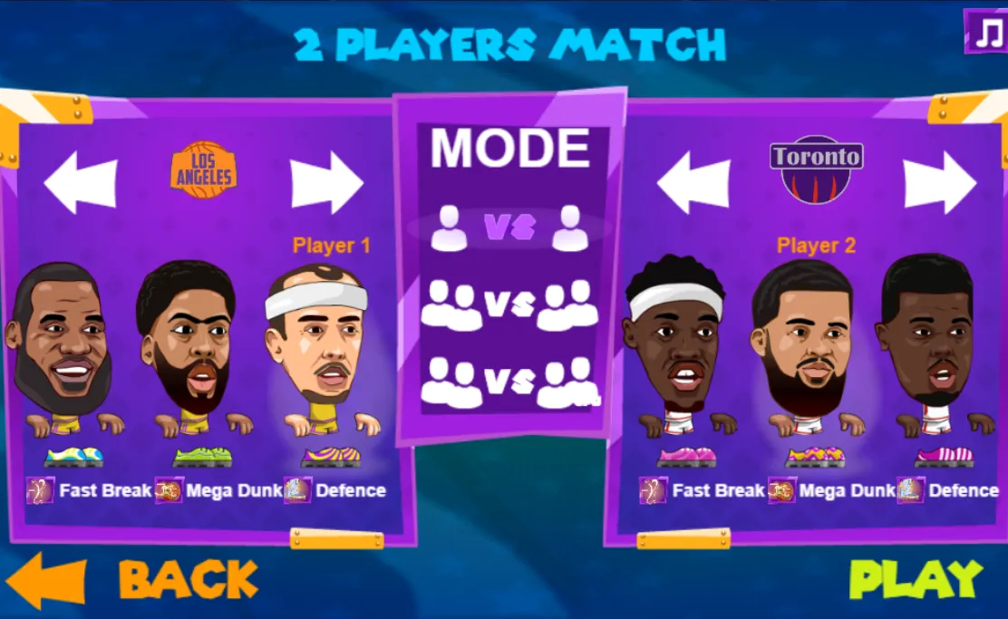 Basketball Legends 2 players mode character selection screen